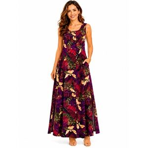 Vintage‎ 90s Bentley Tropical Floral Maxi Dress Rayon Purple Red Green Size 12